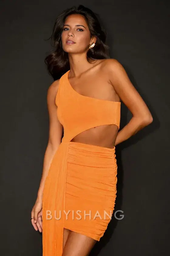 Buyishang Elegant Homecoming Dresses Orange One-Shoulder Cutout Sash Mini Dress short for women